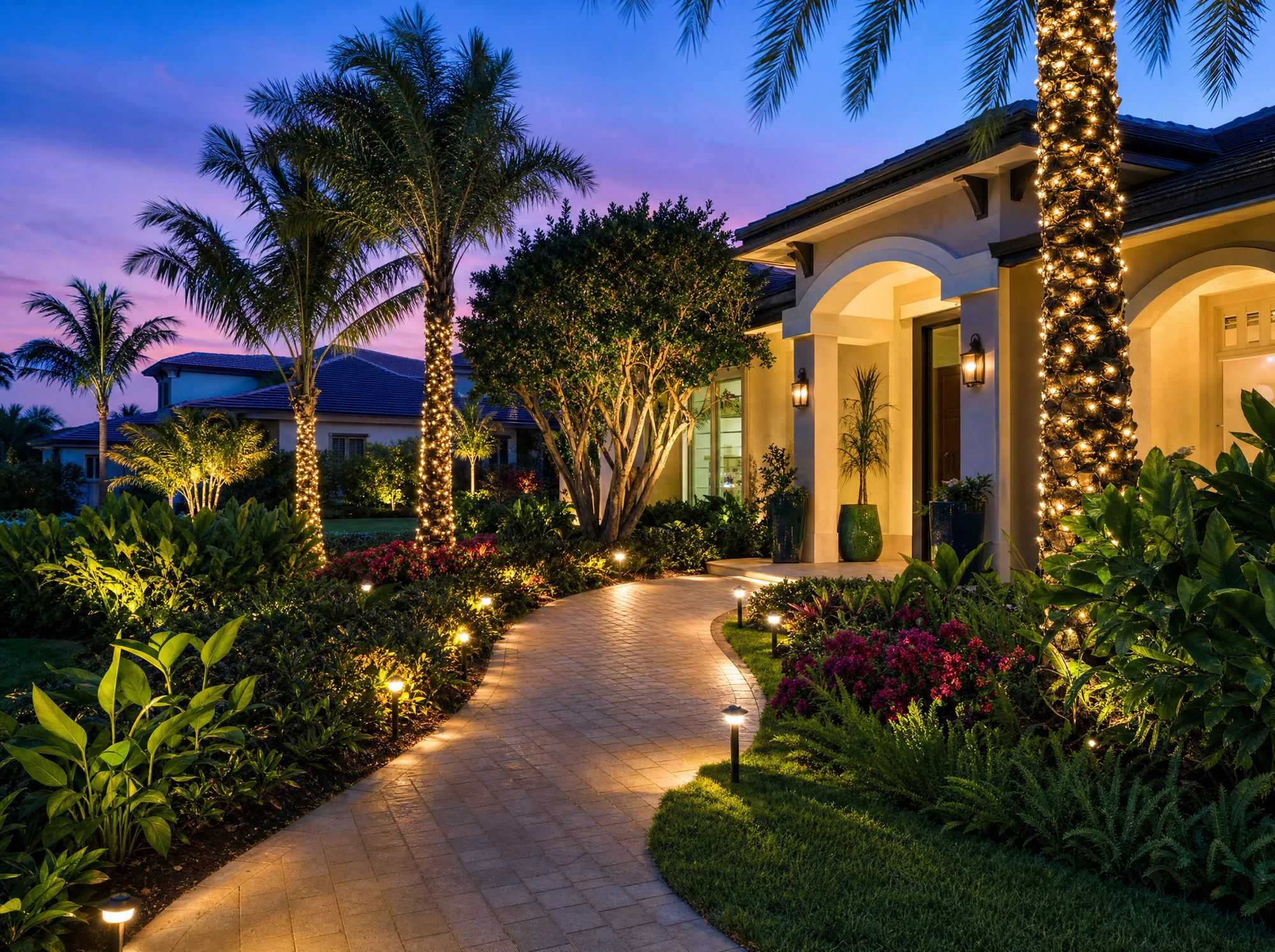 South Florida home walkway at dusk with lit path lights, wrapped palm trees, and illuminated tropical landscaping