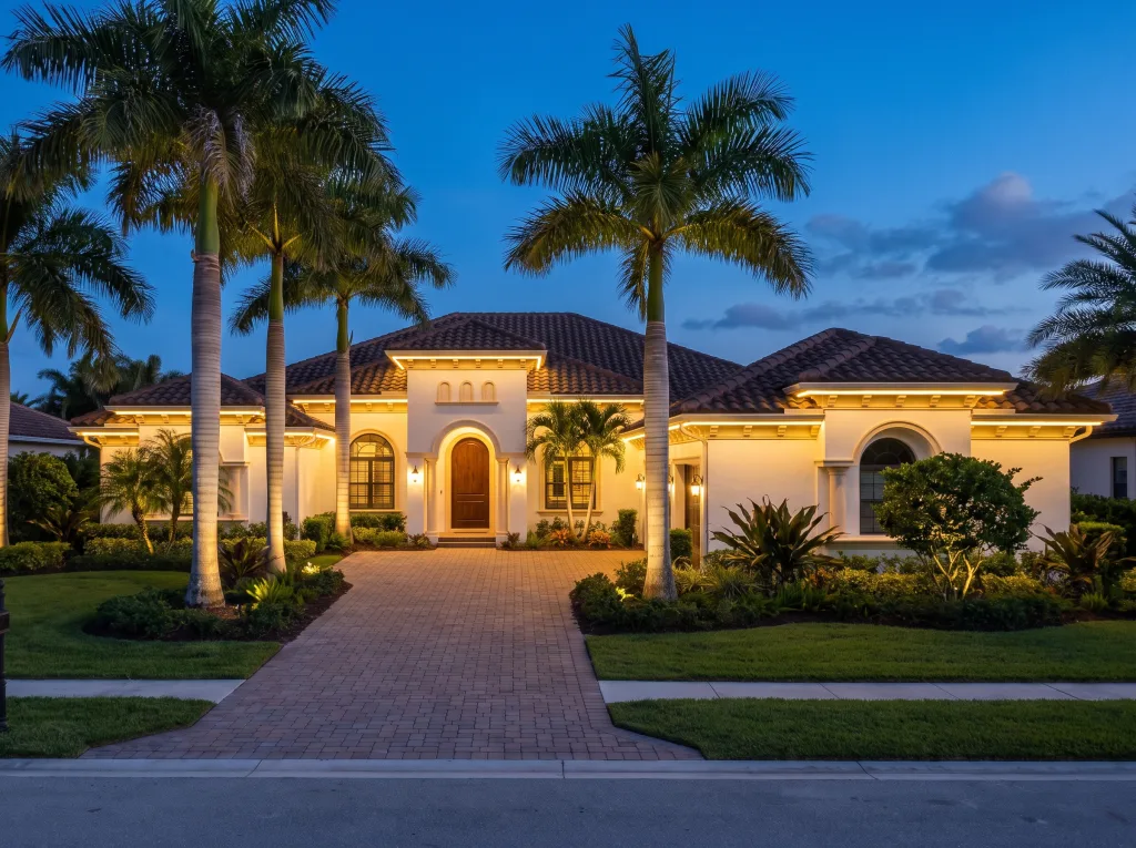 Year-round permanent LED lighting on a South Florida home at dusk with palm trees