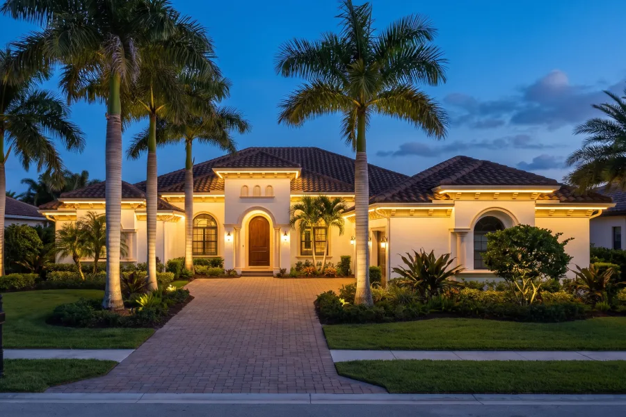 Year-round permanent LED lighting on a South Florida home at dusk with palm trees