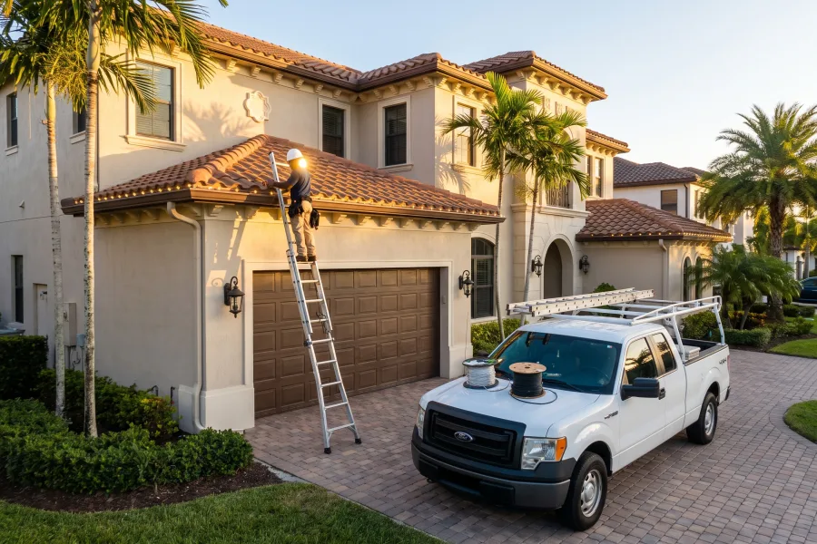 Holiday lighting installation in progress at a South Florida home with a service truck