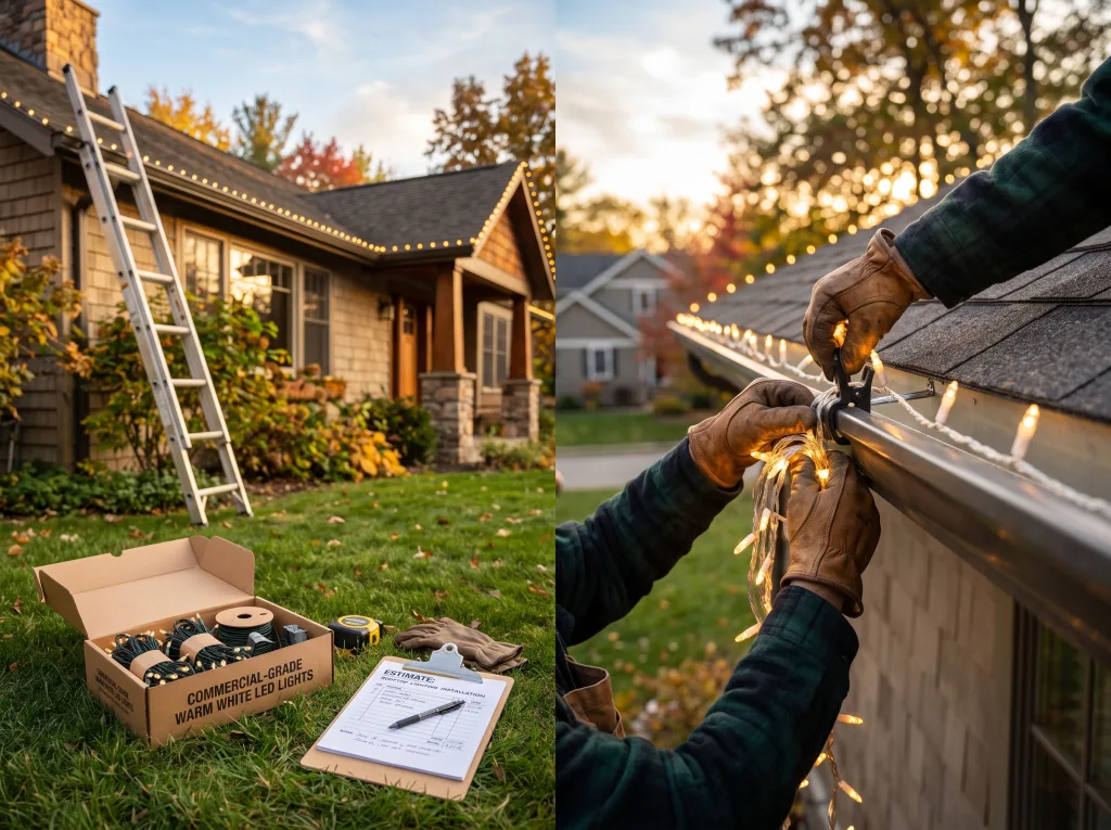 Installer attaching outdoor holiday lights along a home's roofline