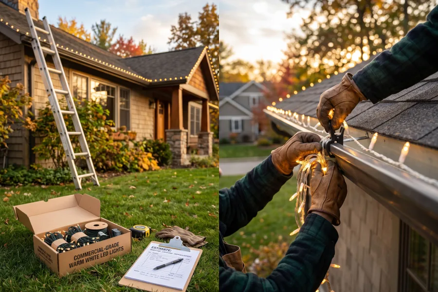 Installer attaching outdoor holiday lights along a home's roofline