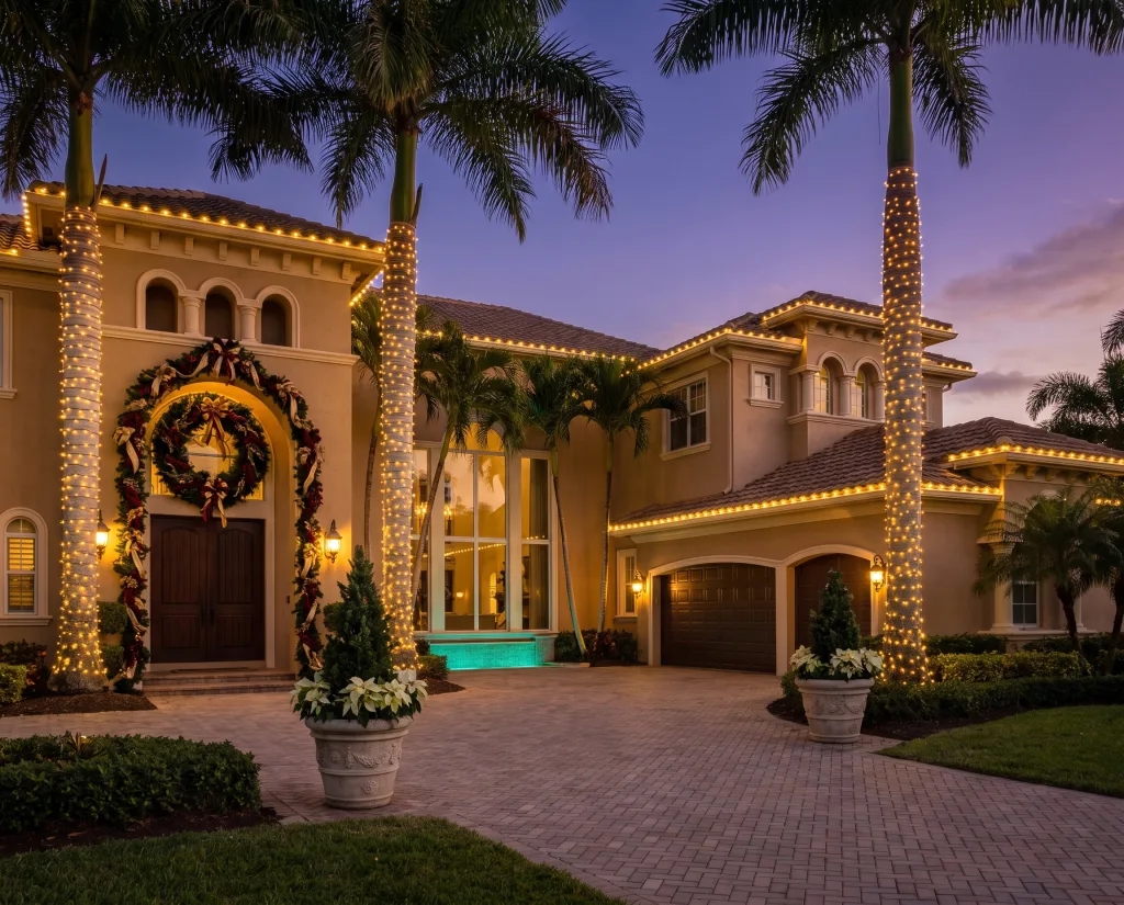 Luxury South Florida estate decorated with a wreath and warm outdoor holiday lighting at dusk